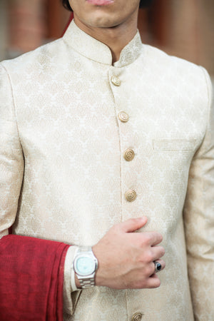 LIGHT GOLD SHERWANI ATLAS PRINT PLAIN