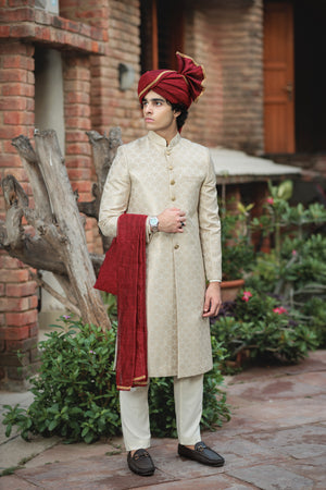 LIGHT GOLD SHERWANI ATLAS PRINT PLAIN