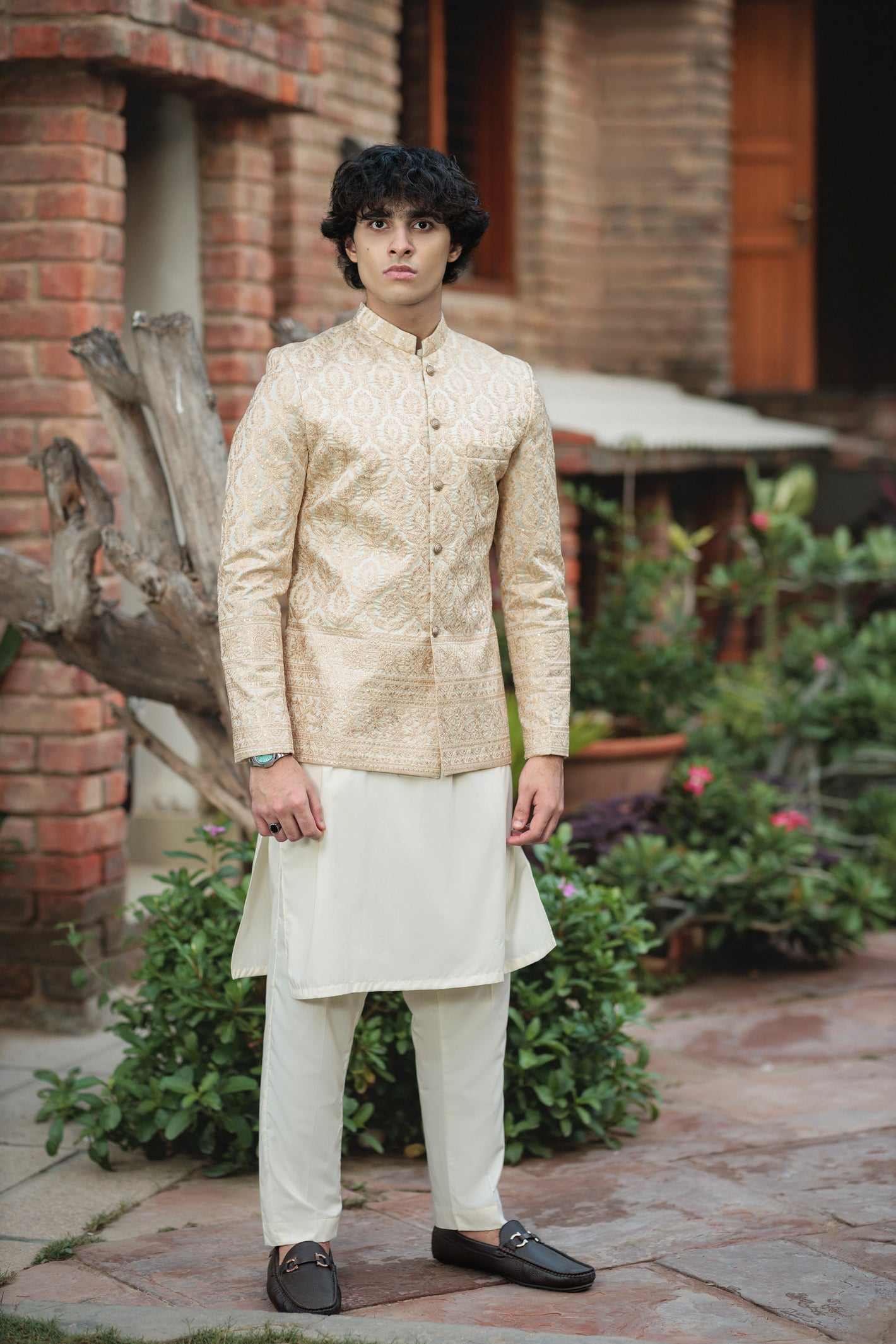 LIGHT FAWN PRINCE COAT JAMAWAR WITH H.WORK