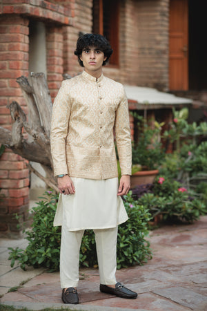 LIGHT FAWN PRINCE COAT JAMAWAR WITH H.WORK