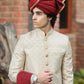 LIGHT GOLD SHERWANI ATLAS PRINT PLAIN