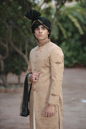 DARK GOLD SHERWANI JACKARD FRONT H.WORK