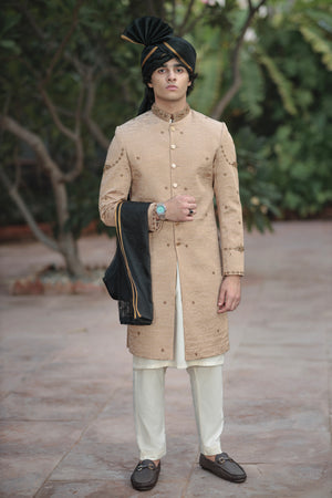 DARK GOLD SHERWANI JACKARD FRONT H.WORK