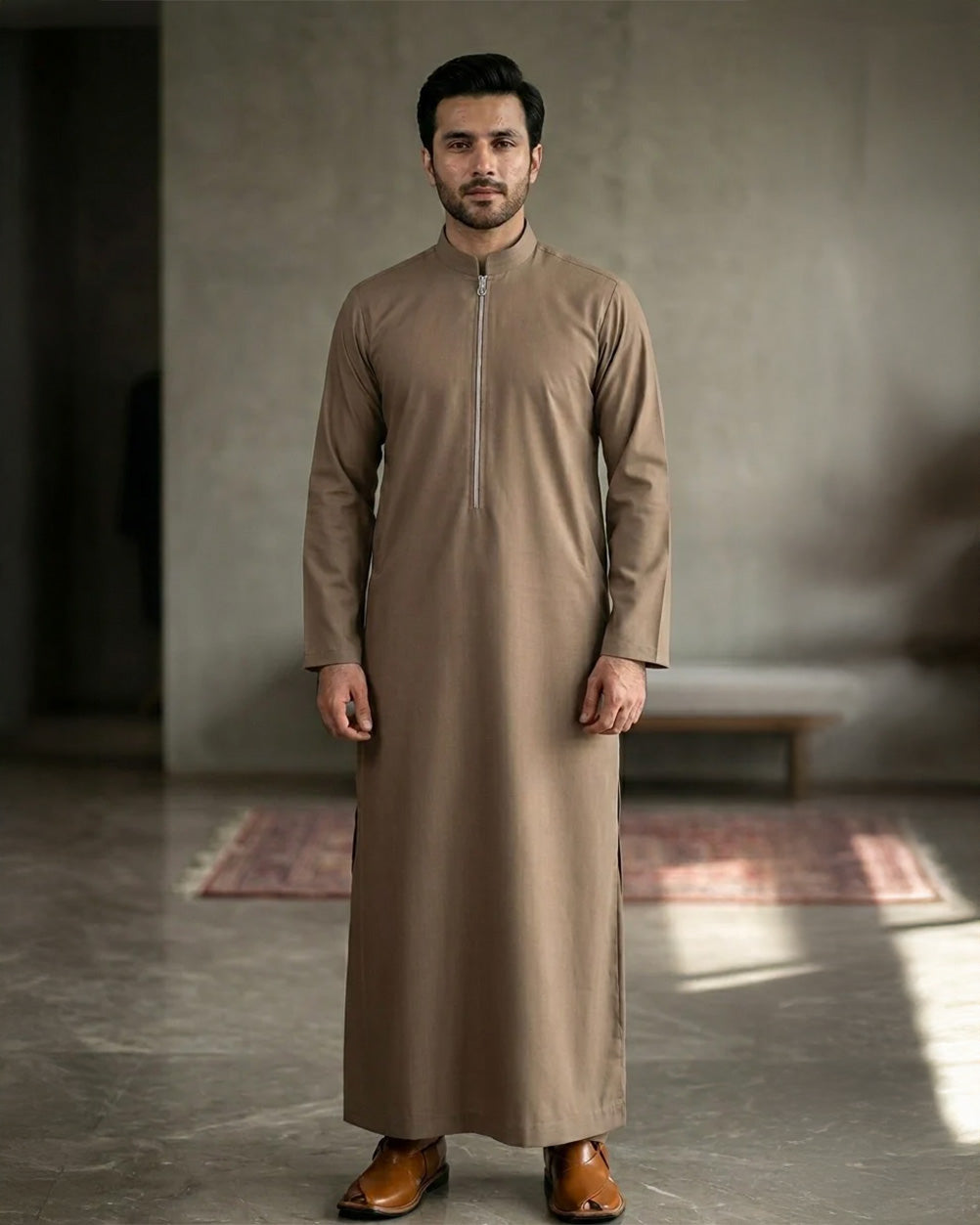 Brown Saudi thobe with zipper front for men, light brown zipper thobe — The Swift by Bin Rizwan