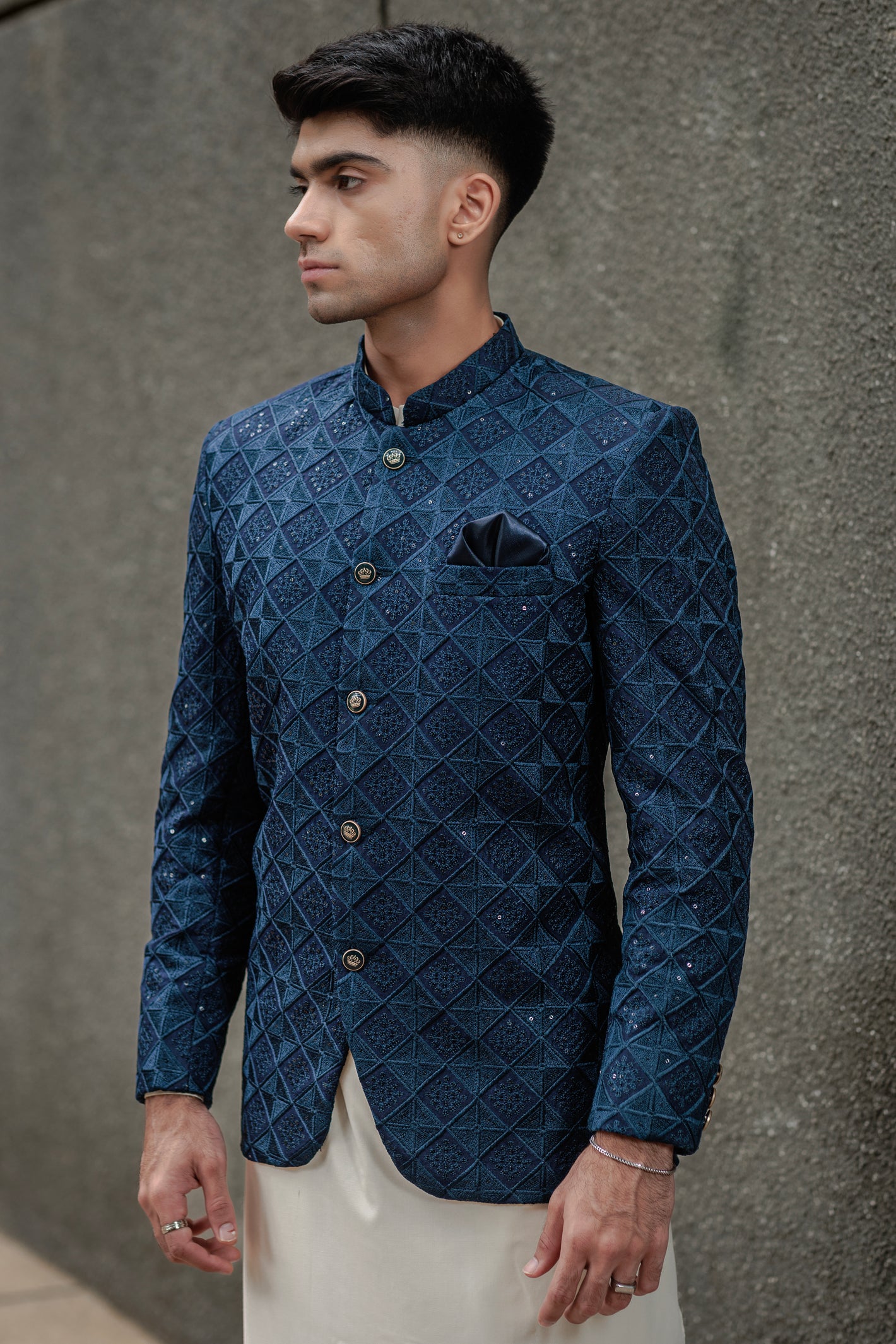 GREYISH BLUE PRINCE COAT JACKARD SELF