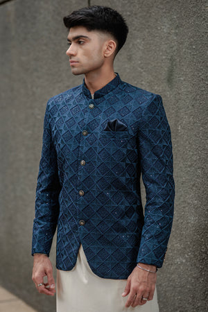 GREYISH BLUE PRINCE COAT JACKARD SELF