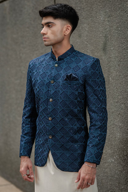 GREYISH BLUE PRINCE COAT JACKARD SELF