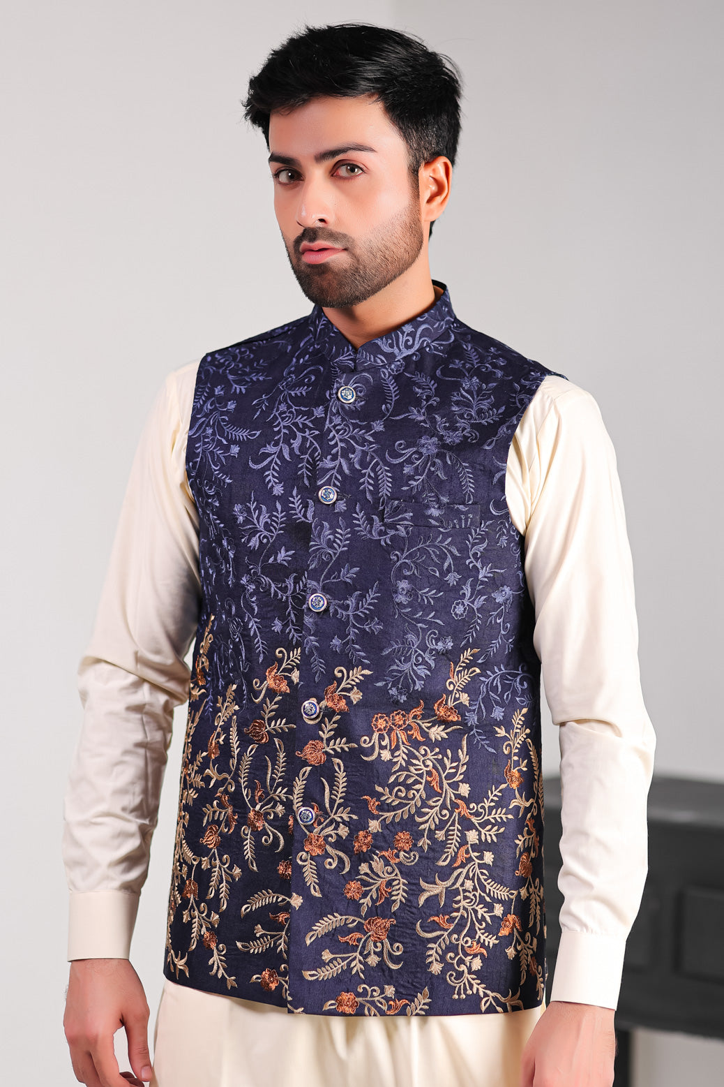 Navy Blue Embroiderd Waist Coat