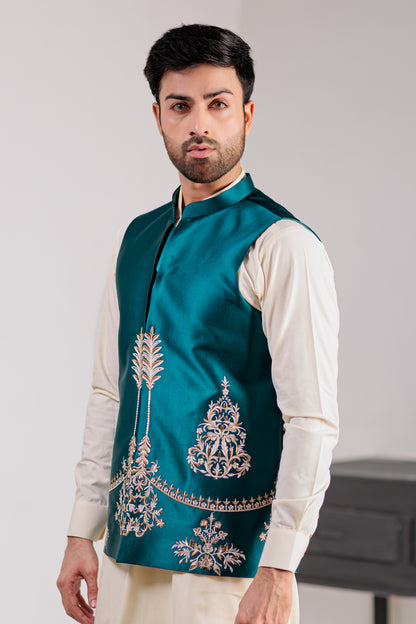 Turqouise Green Embroidered Waist Coat