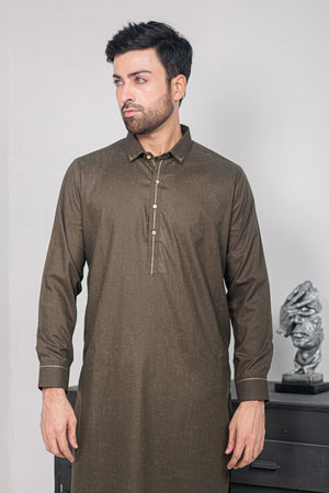 Olive Green With White Self Kameez Shalwar