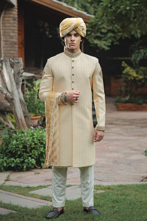LEMON SHERWANI JUTE JACKARD WITH H.WORK