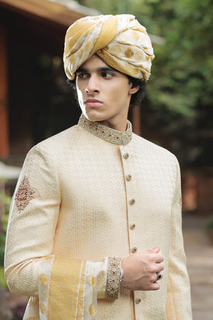 LEMON SHERWANI JUTE JACKARD WITH H.WORK