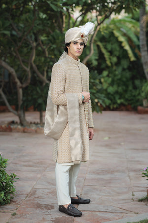 FAWN SHERWANI FAWN FULL HEAVY H.WORK EMB