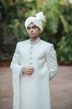WHITE EMBROIDERED  SHERWANI WITH HANDWORK