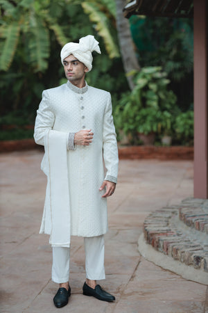 WHITE EMBROIDERED  SHERWANI WITH HANDWORK