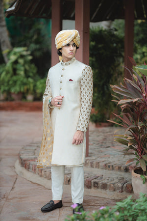LIGHT GOLD SHERWANI JACKARD COLLAR SLEEVES H.WORK