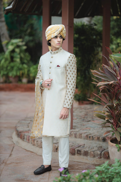 LIGHT GOLD SHERWANI JACKARD COLLAR SLEEVES H.WORK