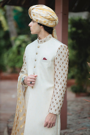 LIGHT GOLD SHERWANI JACKARD COLLAR SLEEVES H.WORK