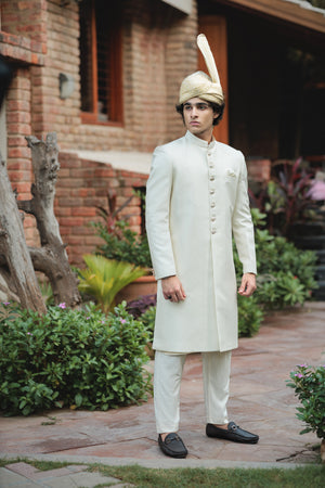 CREAM SHERWANI JACKARD SELF PLAIN