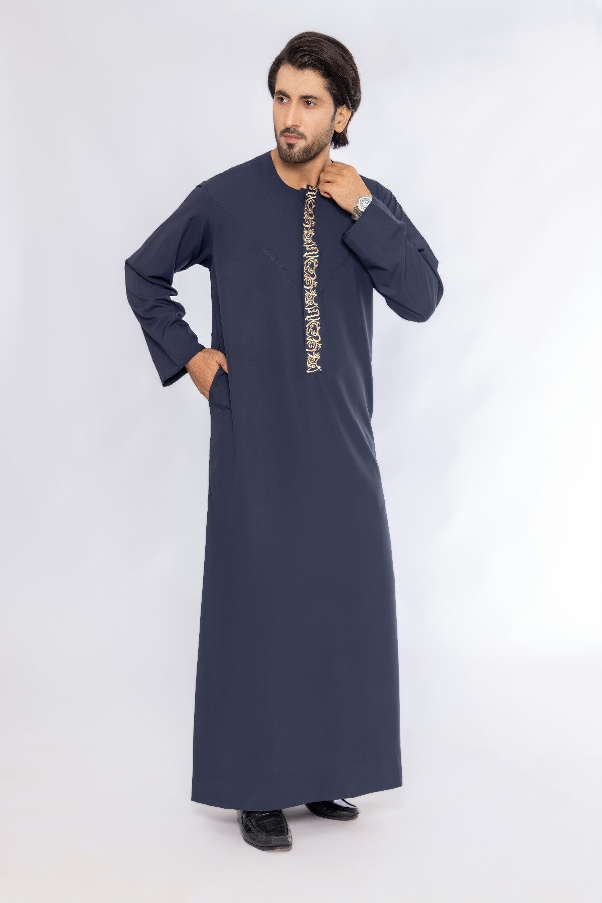 Al Ufuq – Navy Blue Embroidered Emirati Thobe