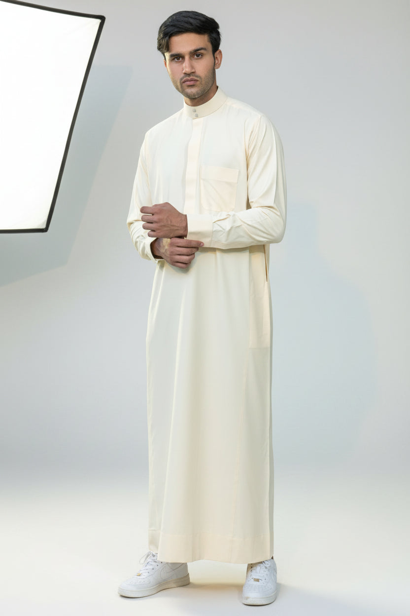 Plain off white Saudi thobe in Kuwaiti Kali cut for men — Al Ard by Bin Rizwan