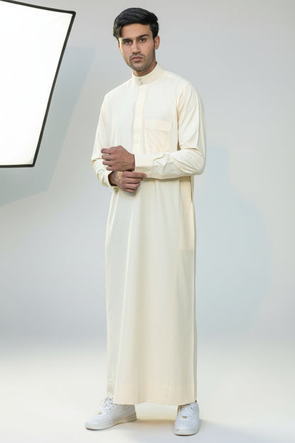 Plain off white Saudi thobe in Kuwaiti Kali cut for men — Al Ard by Bin Rizwan