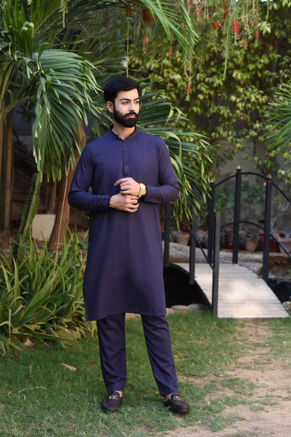 DRAK BLUE SELF-KAMEEZ SHALWAR
