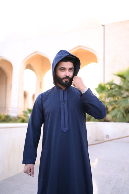 Embroidered Navy Blue Hoodie Thobe