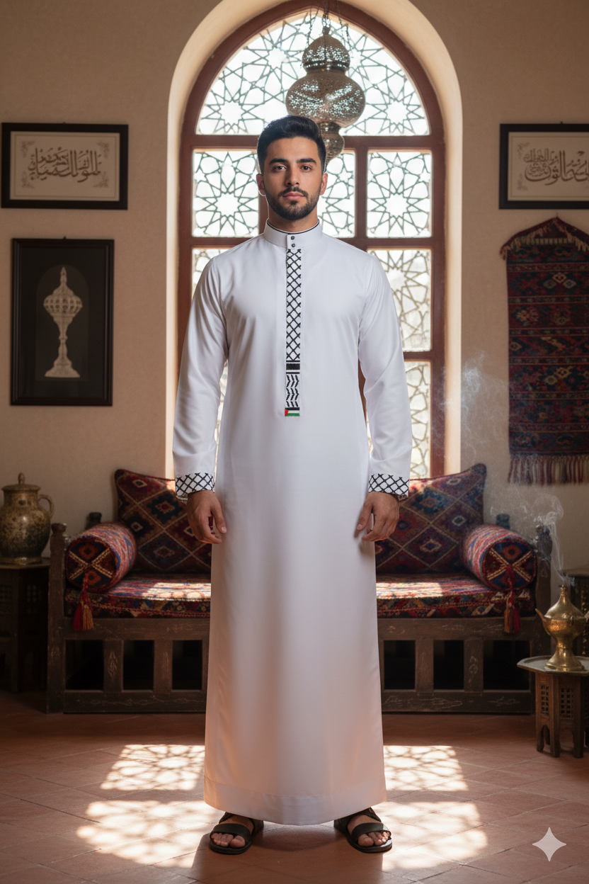 White Palestine Embroidered Thobe