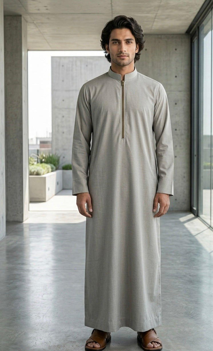 Grey Saudi zipper thobe for men, modern zip-front Arabic thobe — The Ease