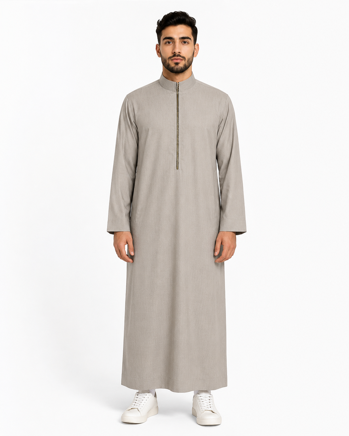 Grey Saudi thobe with zip closure for men — The Comet by Bin Rizwan