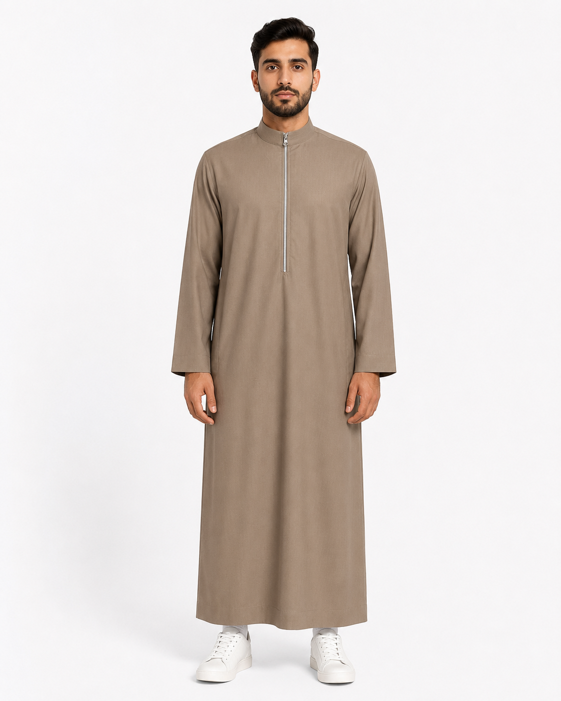 Beige Saudi thobe with zipper front for men — The Breeze by Bin Rizwan