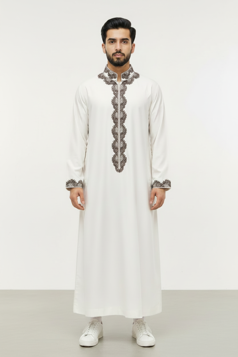White heavy Premium Embroidered Thobe