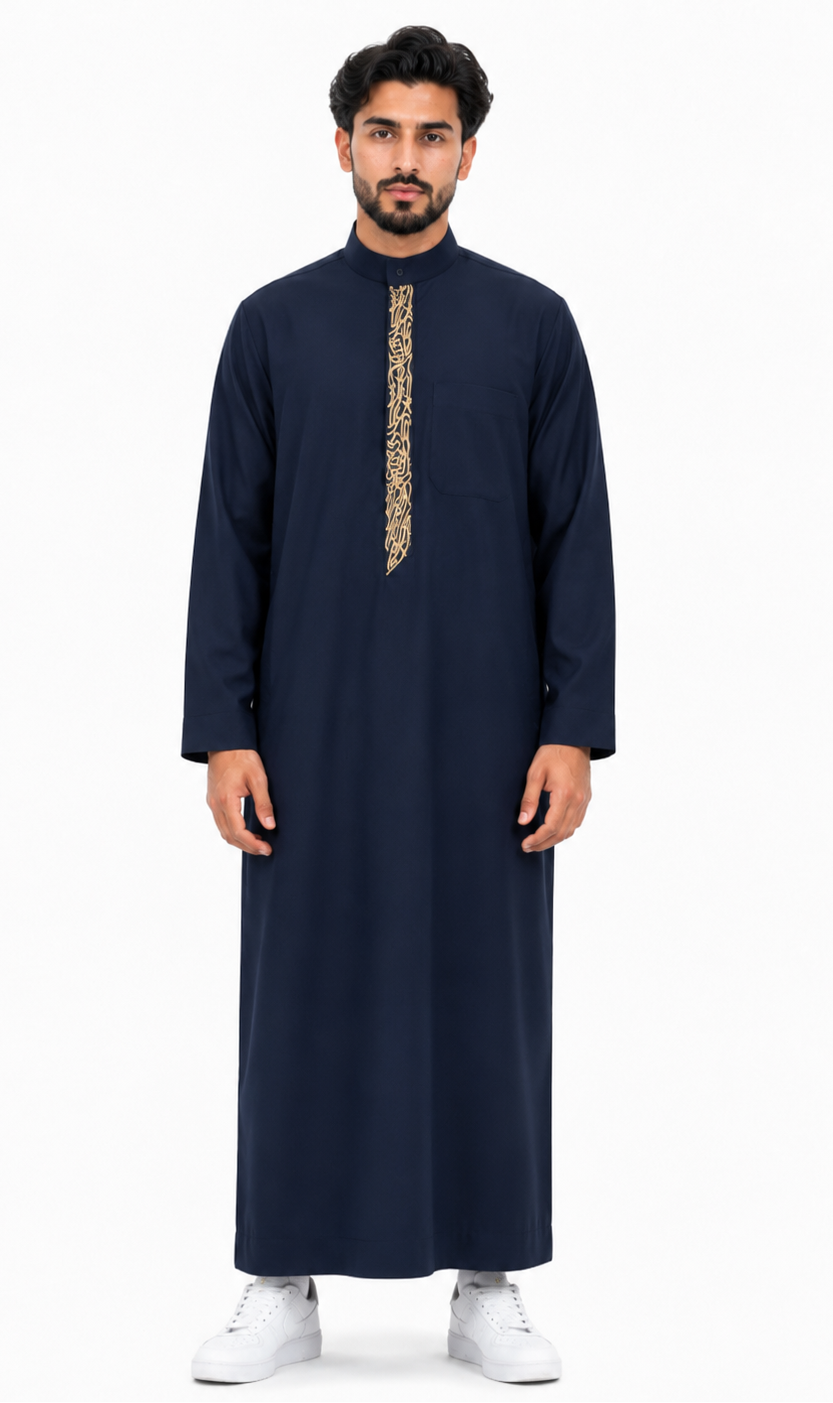 Navy Blue Thobe For Men With Golden Embroidery