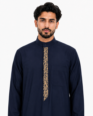 Navy Blue Thobe For Men With Golden Embroidery