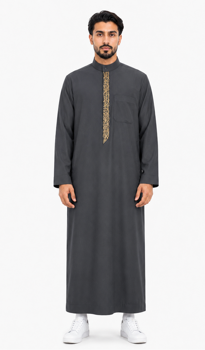 Dark Grey Thobe For With Golden Embroidery