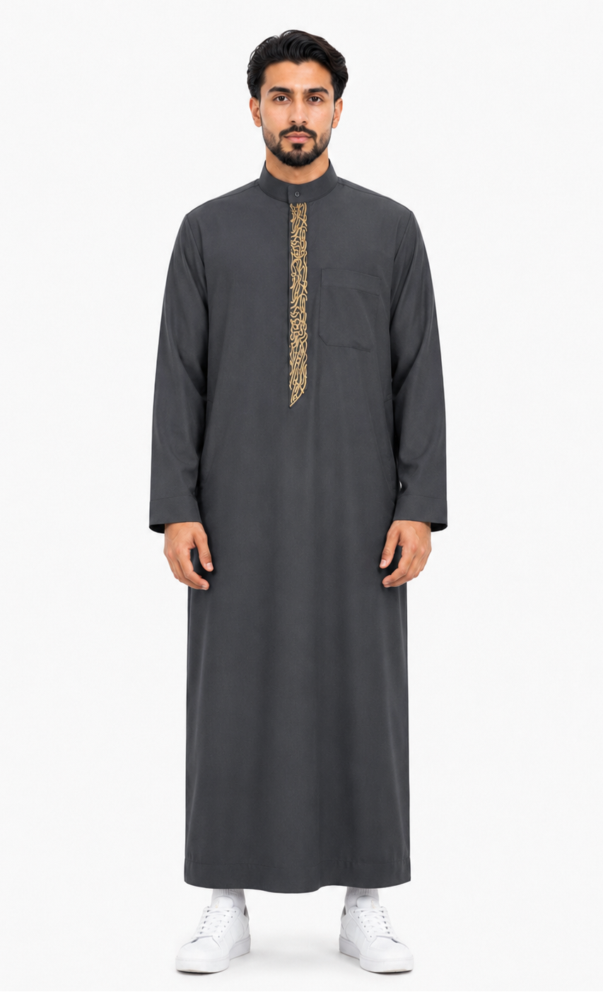 Dark Grey Thobe For With Golden Embroidery
