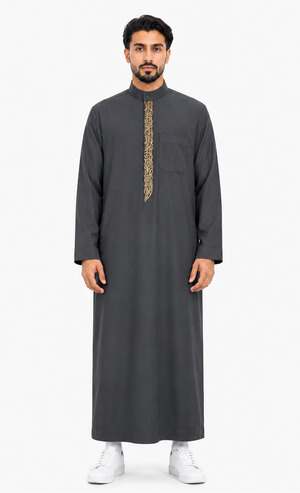 Dark Grey Thobe For With Golden Embroidery