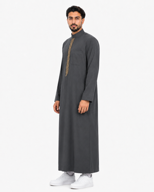 Dark Grey Thobe For With Golden Embroidery