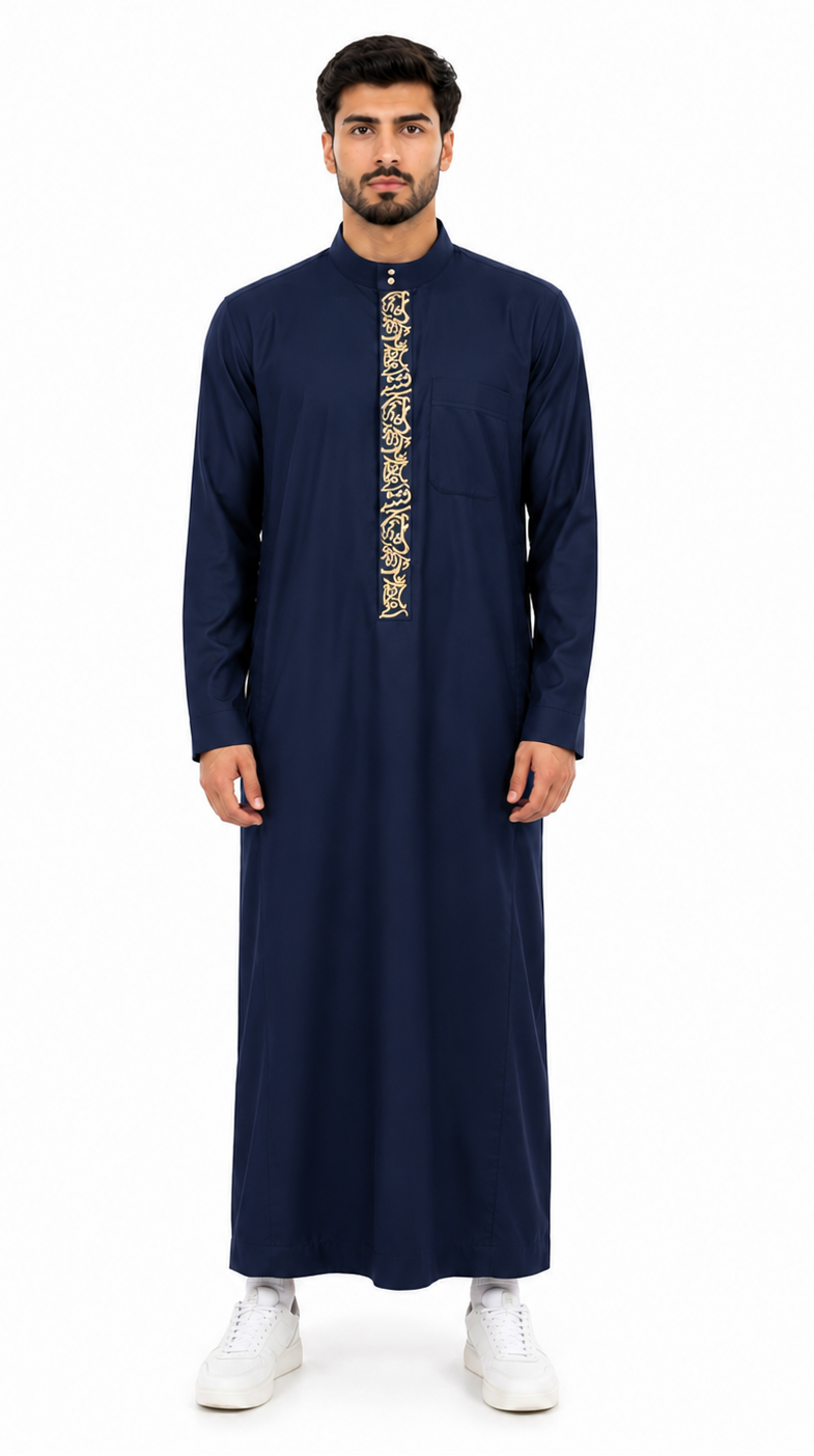 Navy Blue Saudi Calligraphy Embroidered Thobe