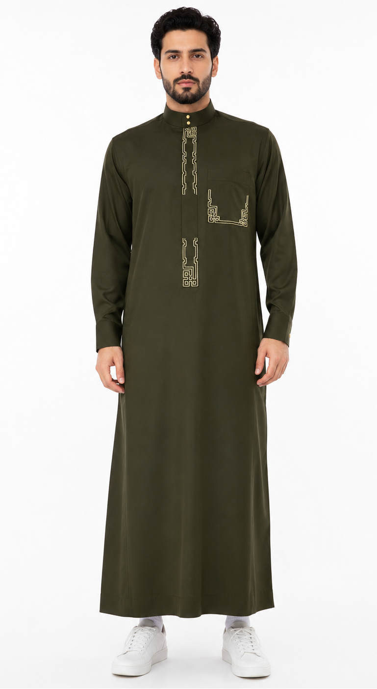Olive Green Saudi Embriodery Thobe