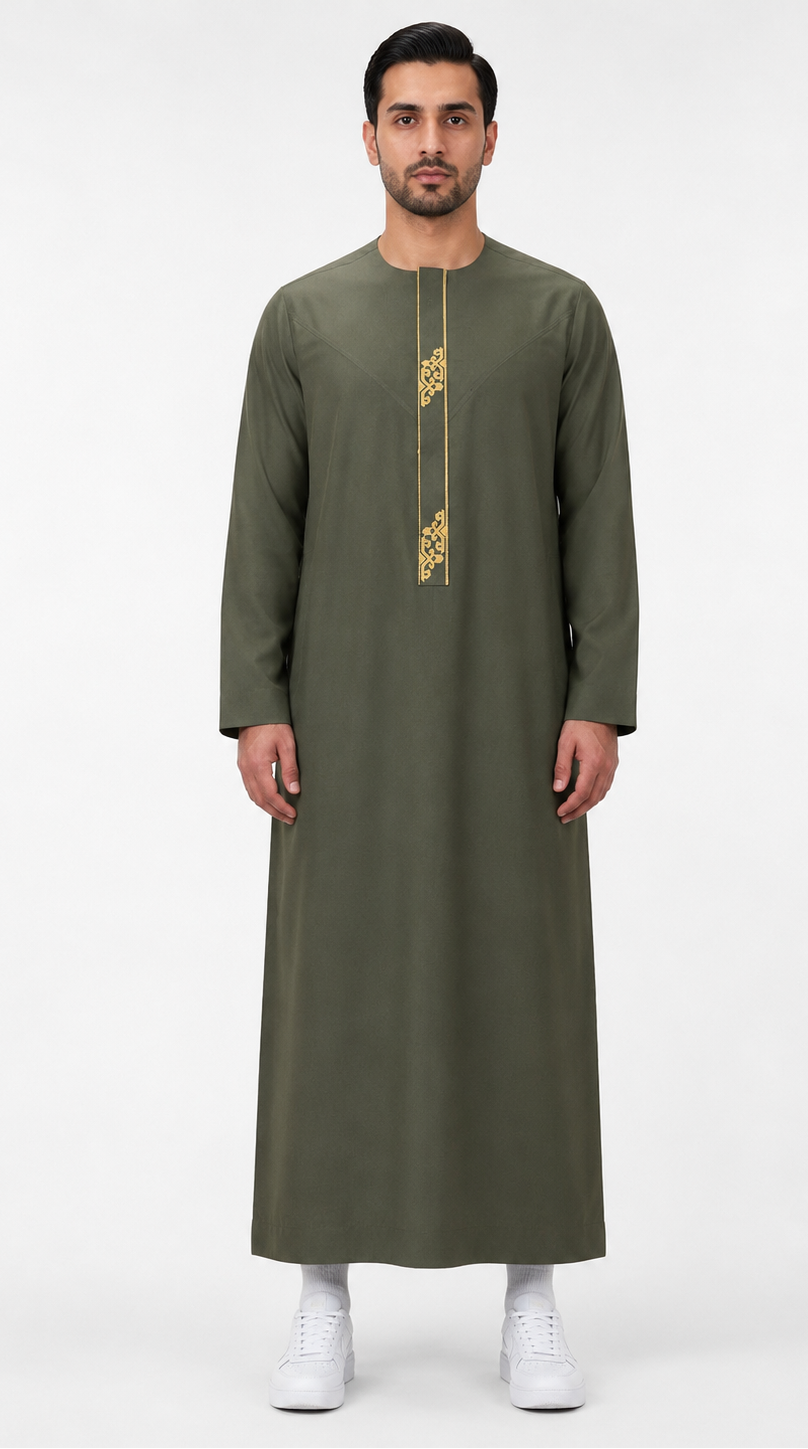 Olive Green Embroidered Emirati Thobe