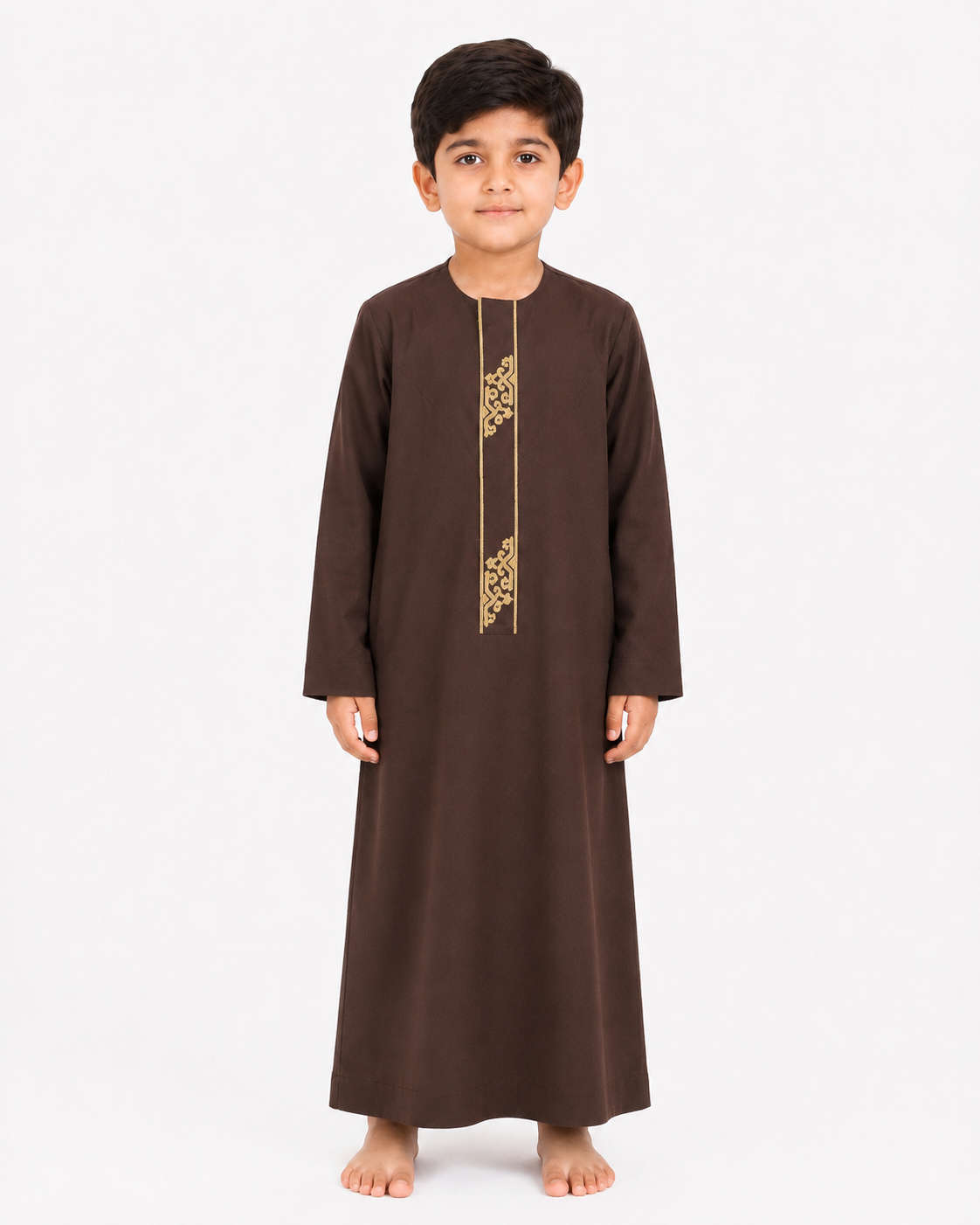 Brown Emirati embroidered kids thobe for boys, Emirati front stitching