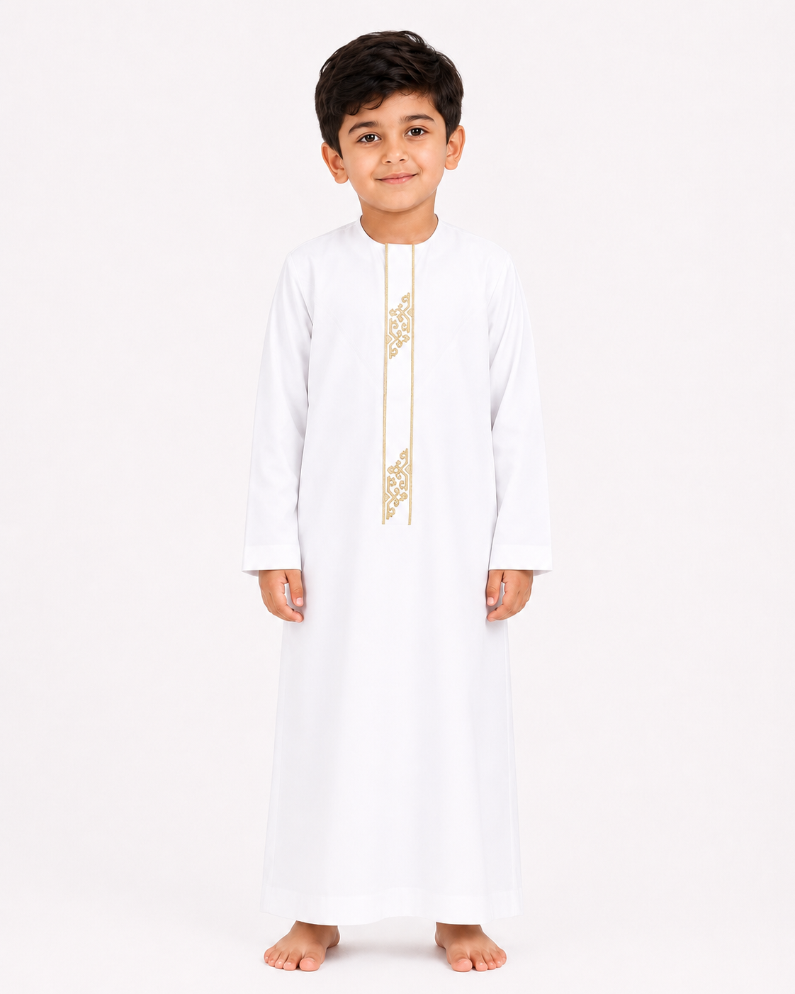 White Emirati embroidered kids thobe for boys, festive Eid wear — Bin Rizwan