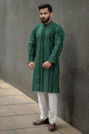 Embroidered dark green Cotton Kurta