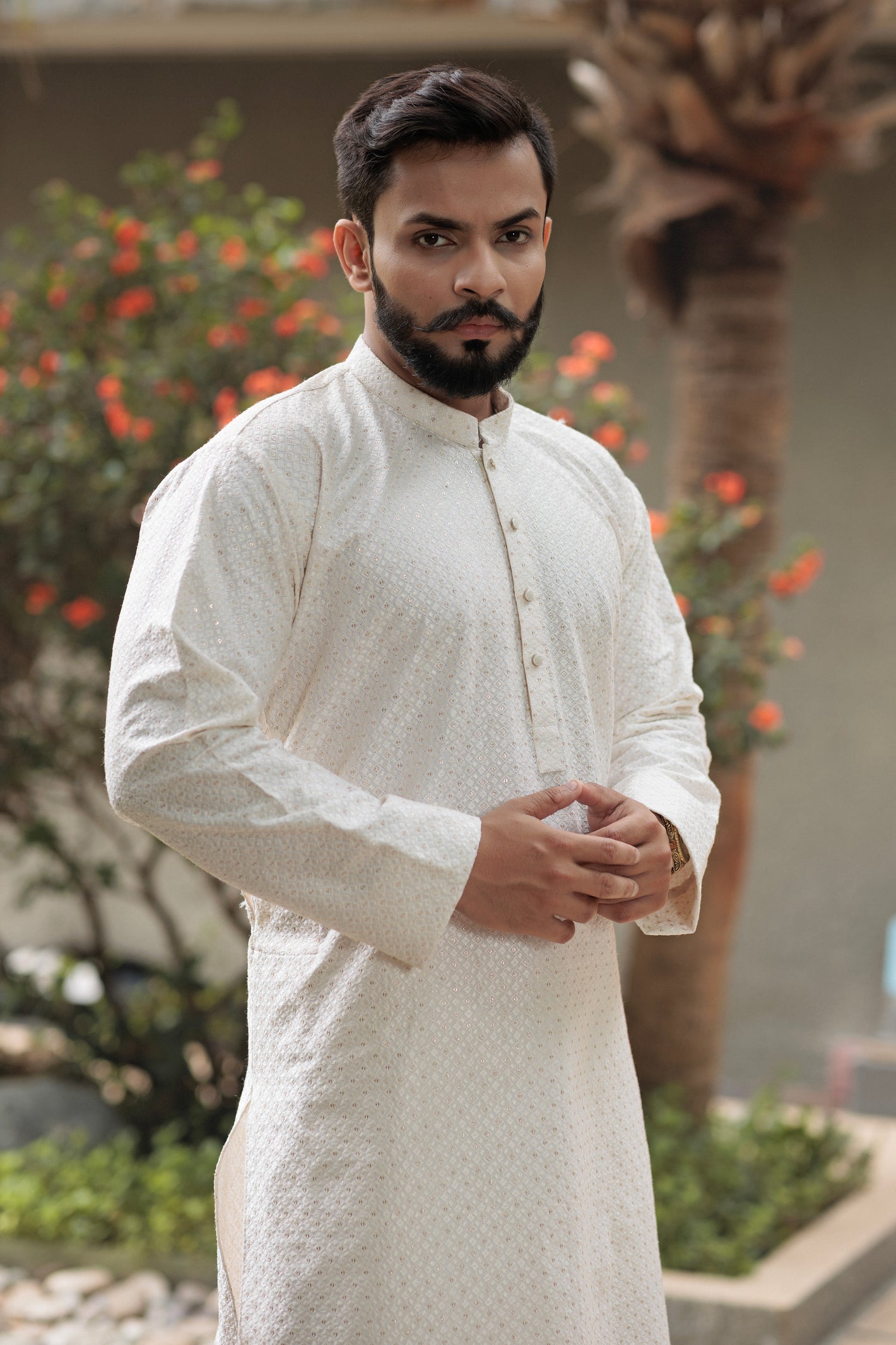 Off White Embroidered Cotton Kurta for Men