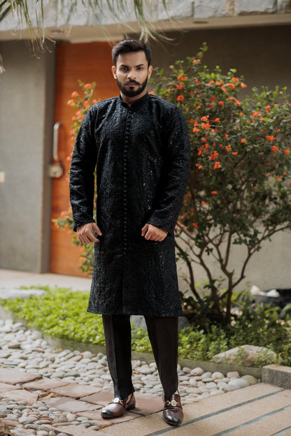 Embroidered Black Cotton Kurta