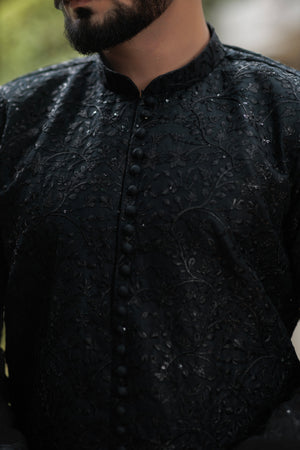 Embroidered Black Cotton Kurta