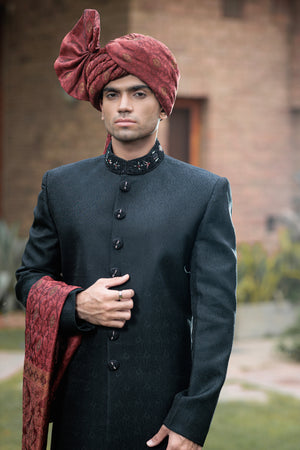 JACKARD SHERWANI WITH COLOR HANDWORK