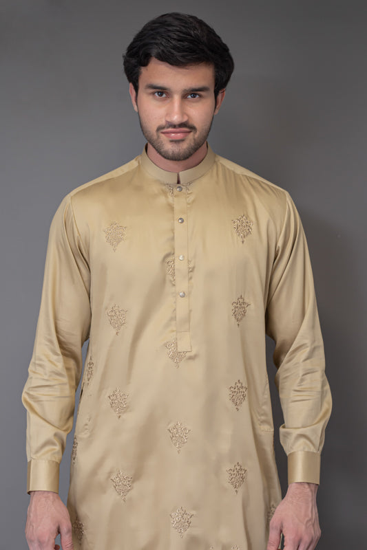 Embroidered Dark Gold Cotton Kurta